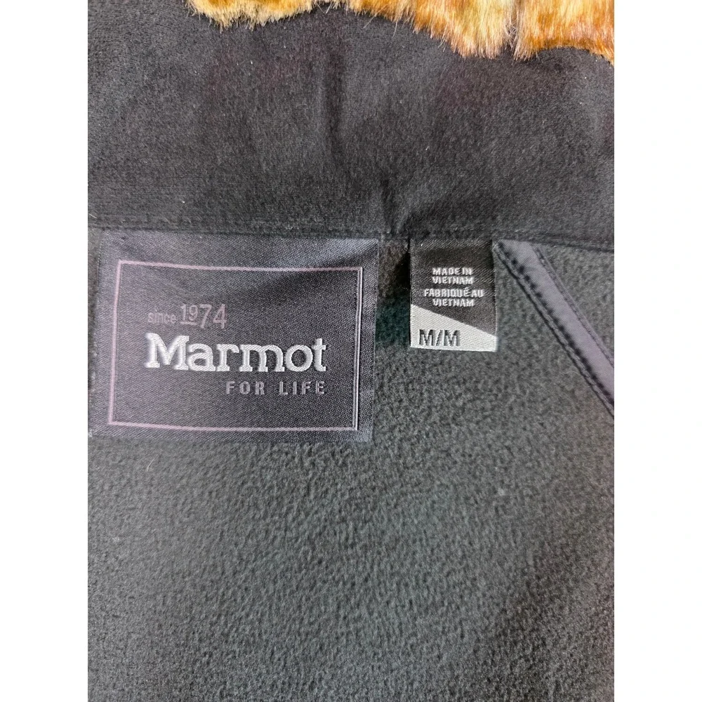 Marmot Softshell Jacket Womens Medium Black Faux Fur Hood Full Zip Fleece Lined